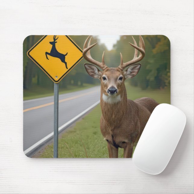 Buck Posed By a Deer Crossing Sign Mouse Pad (With Mouse)