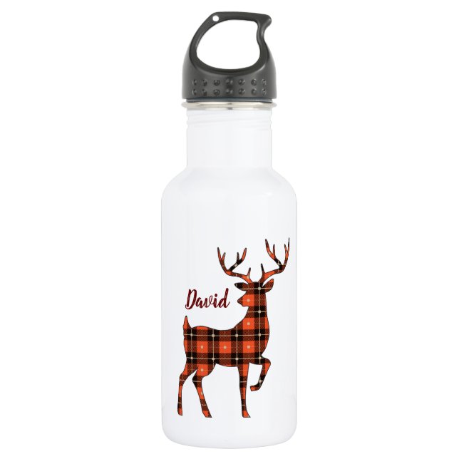 Buck Silhouette Deer in Buffalo Plaid Stainless Steel Water Bottle (Front)