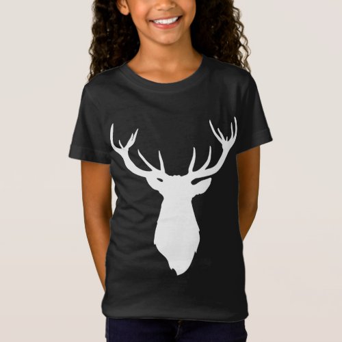 Buck Stag Deer Head Antlers White Silhouette T_Shirt