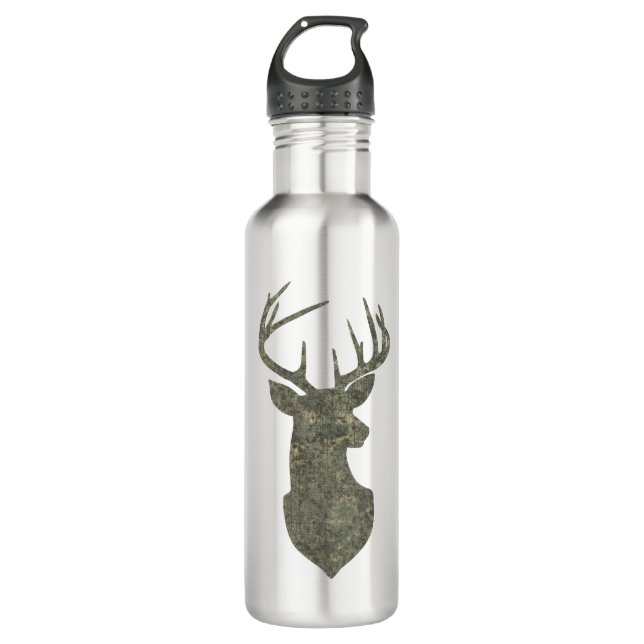 Buck Trophy Deer Silhouette in Camouflage Green Water Bottle (Front)
