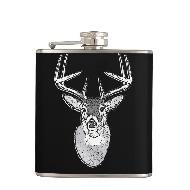 Buck trophy on Black White Tail Deer Hip Flask (Front)