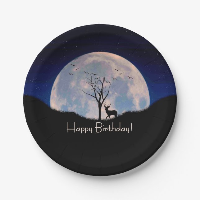 Buck with Big Rack Against Full Moon Happy BD Paper Plates (Front)