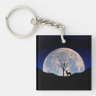 Buck with Big Rack Against Full Moon Keychain