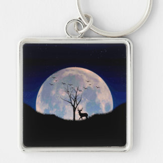 Buck with Big Rack Against Full Moon Keychain