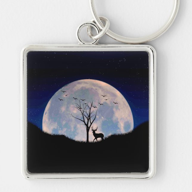 Buck with Big Rack Against Full Moon Keychain (Front)
