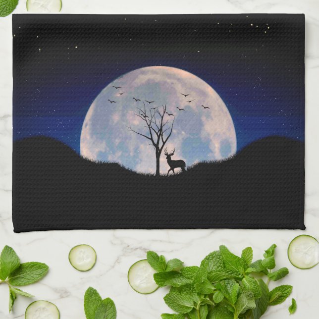Buck with Big Rack Against Full Moon Kitchen Towel (Folded)