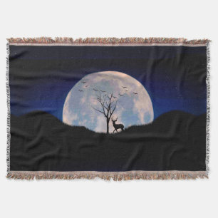 Buck with Big Rack Against Full Moon Throw Blanket