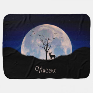 Buck with Big Rack Against Full Moon with Name Baby Blanket