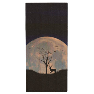 Buck with Big Rack Against Full Moon Wood Flash Drive