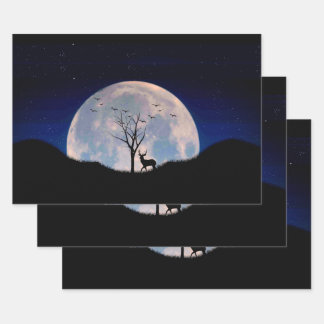 Buck with Big Rack Against Full Moon Wrapping Paper Sheets