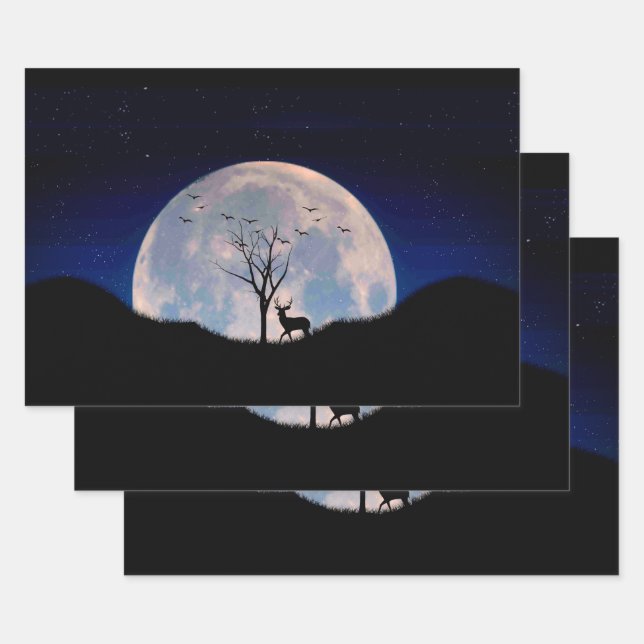 Buck with Big Rack Against Full Moon Wrapping Paper Sheets (Set)