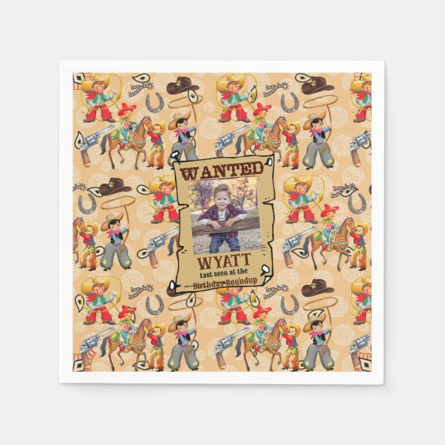 Buckaroo Cowboy Birthday Boy's Photo Name Cute Napkins (Front)