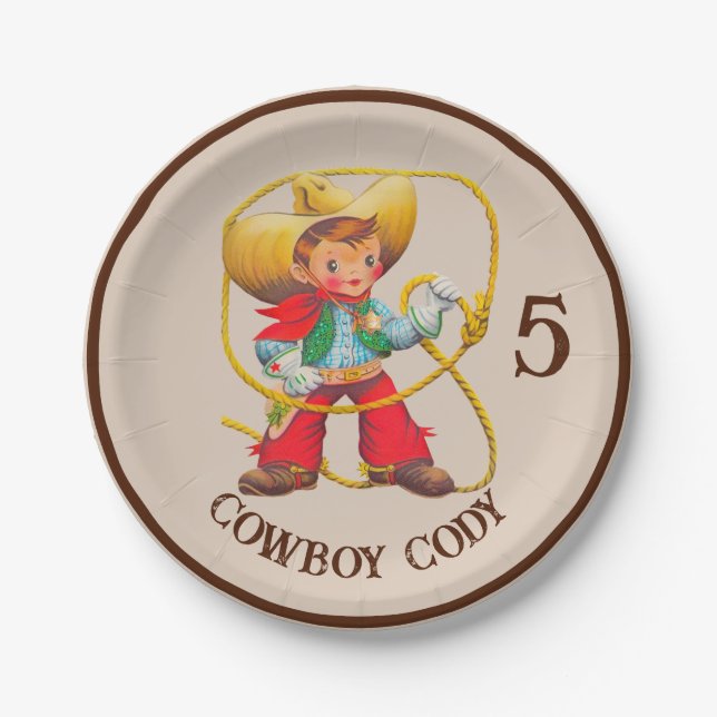 Buckaroo Cowboy Boy's Birthday Name & Age Paper Plates (Front)