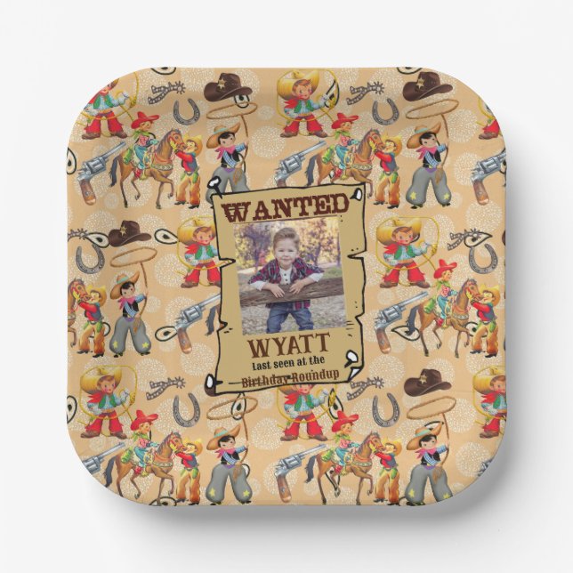 Buckaroo Cowboy Boy's Birthday Photo & Name Cute Paper Plates (Front)