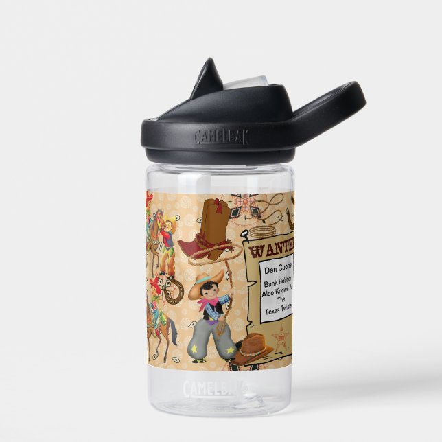 Buckaroo Cowboy Wanted Boy's Name and Description  Water Bottle (Left)