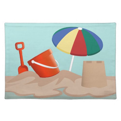 Bucket and Spade Beach Scene Illustration Cloth Placemat