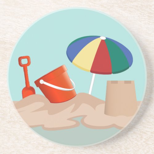 Bucket and Spade Beach Scene Illustration Coaster
