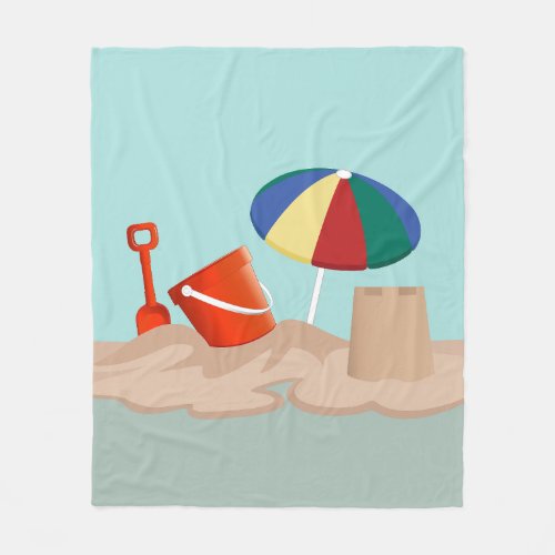Bucket and Spade Beach Scene Illustration Fleece Blanket