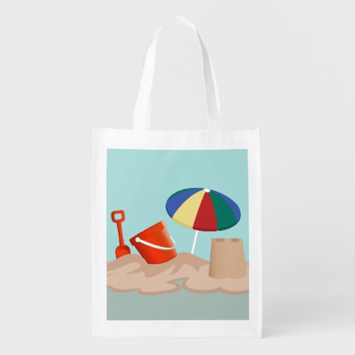 Bucket and Spade Beach Scene Illustration Grocery Bag