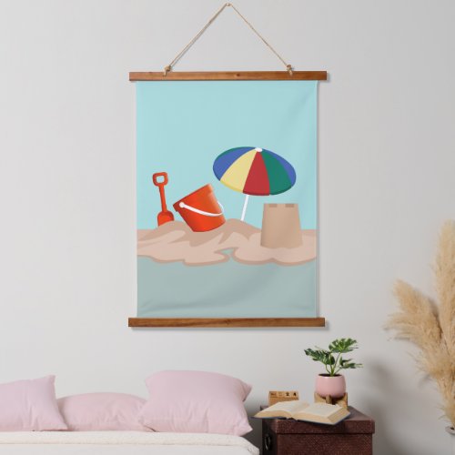 Bucket and Spade Beach Scene Illustration Hanging Tapestry