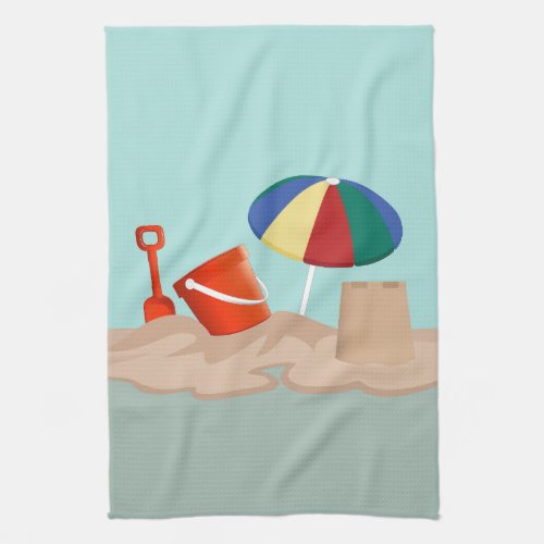 Bucket and Spade Beach Scene Illustration Kitchen Towel