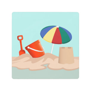 Bucket and Spade Beach Scene Illustration Metal Print