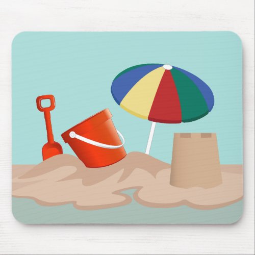 Bucket and Spade Beach Scene Illustration Mouse Pad
