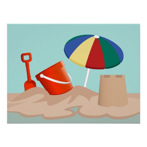 Bucket and Spade Beach Scene Illustration Poster