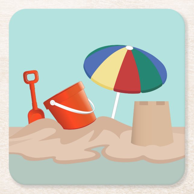 Bucket and Spade Beach Scene Illustration Square Paper Coaster (Front)