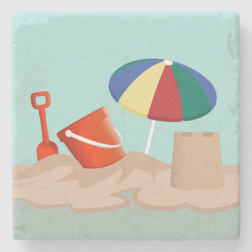 Bucket and Spade Beach Scene Illustration Stone Coaster