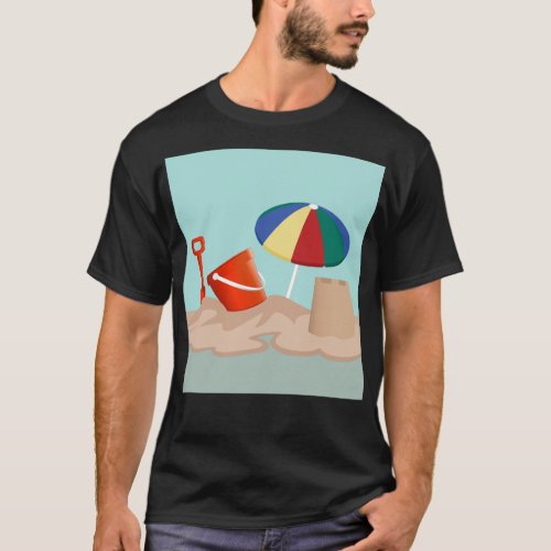 Bucket and Spade Beach Scene Illustration T_Shirt