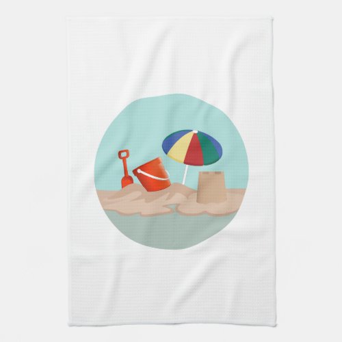 Bucket and Spade Circle Beach Scene Illustration Kitchen Towel