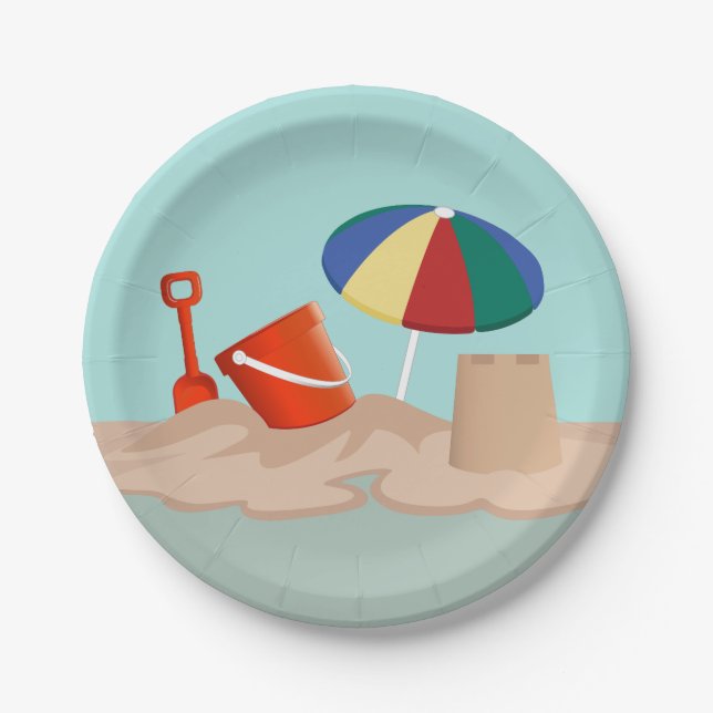 Bucket and Spade Circle Beach Scene Illustration Paper Plates (Front)