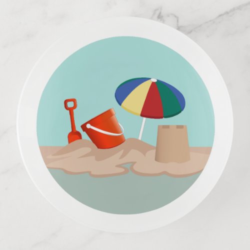 Bucket and Spade Circle Beach Scene Illustration Trinket Tray