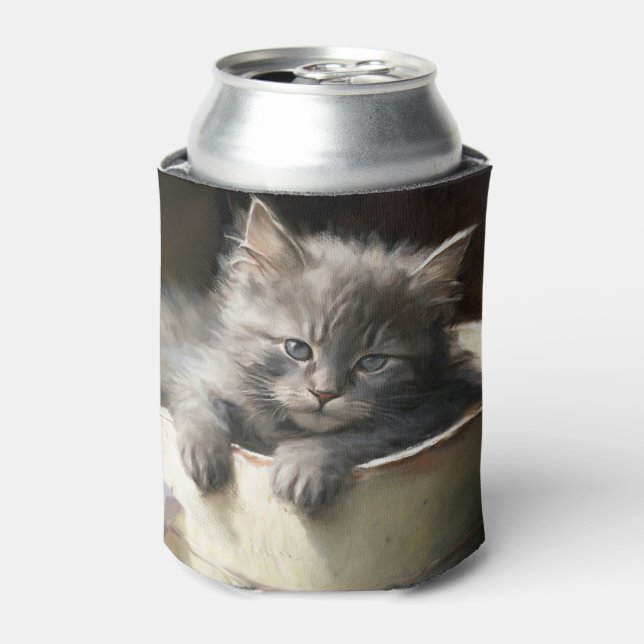 Bucket Full Of Joy Sweet Gray Kitten Can Cooler (Can Front)