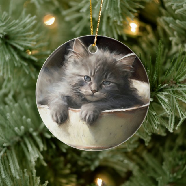 Bucket Full Of Joy Sweet Gray Kitten Ceramic Ornament (Tree)