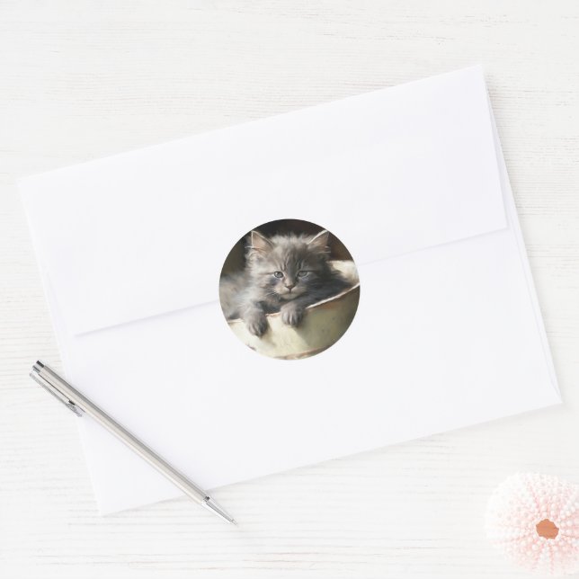 Bucket Full Of Joy Sweet Gray Kitten Classic Round Sticker (Envelope)