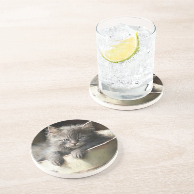 Bucket Full Of Joy Sweet Gray Kitten Coaster (Side)