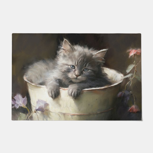 Bucket Full Of Joy Sweet Gray Kitten Doormat (Front)