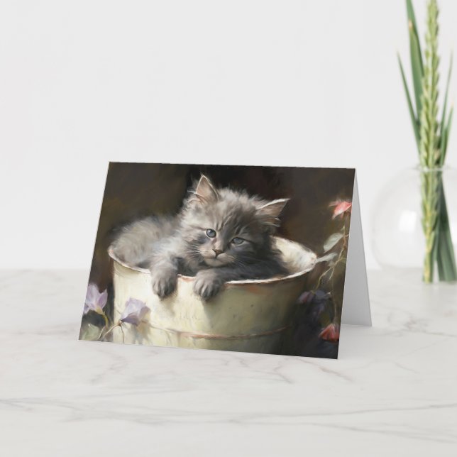 Bucket Full Of Joy Sweet Gray Kitten Greeting Card (Front)