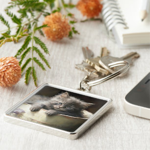 Bucket Full Of Joy Sweet Gray Kitten Keychain