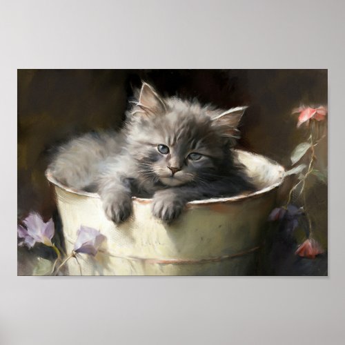 Bucket Full Of Joy Sweet Gray Kitten Poster