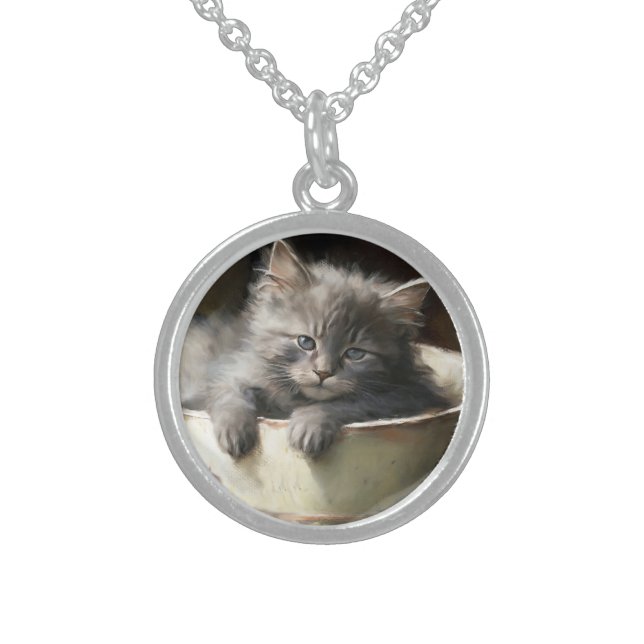 Bucket Full Of Joy Sweet Gray Kitten Sterling Silver Necklace (Front)