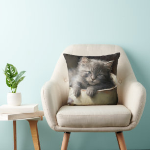 Bucket Full Of Joy Sweet Gray Kitten Throw Pillow