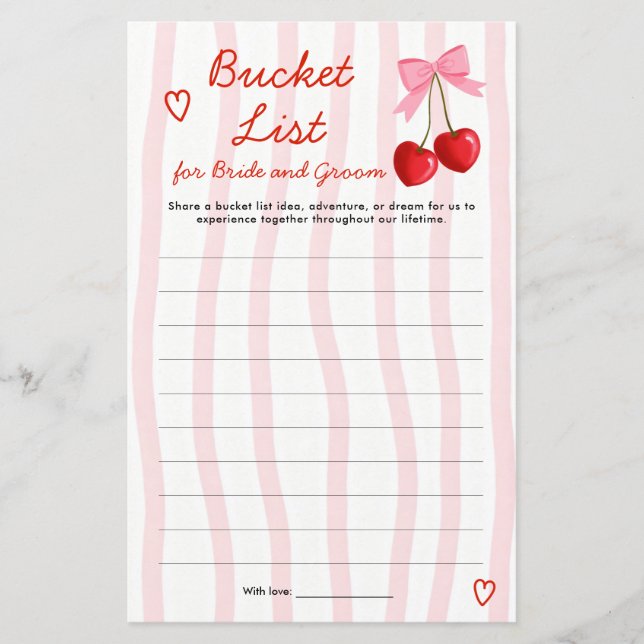 Bucket List Cherry Pink Bow Bridal Shower Game (Front)