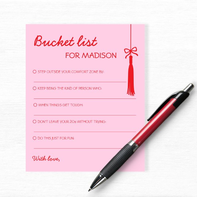 Bucket List Tassel Bow Pink Red Advice Graduation (Bucket List Pink & Red Advice Graduation)