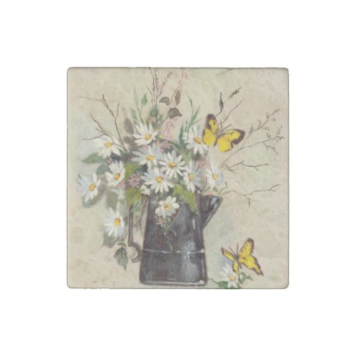 Bucket of Flowers and Butterflies Stone Magnet