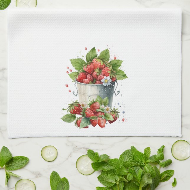 Bucket of Fresh Strawberries Kitchen Towel (Folded)