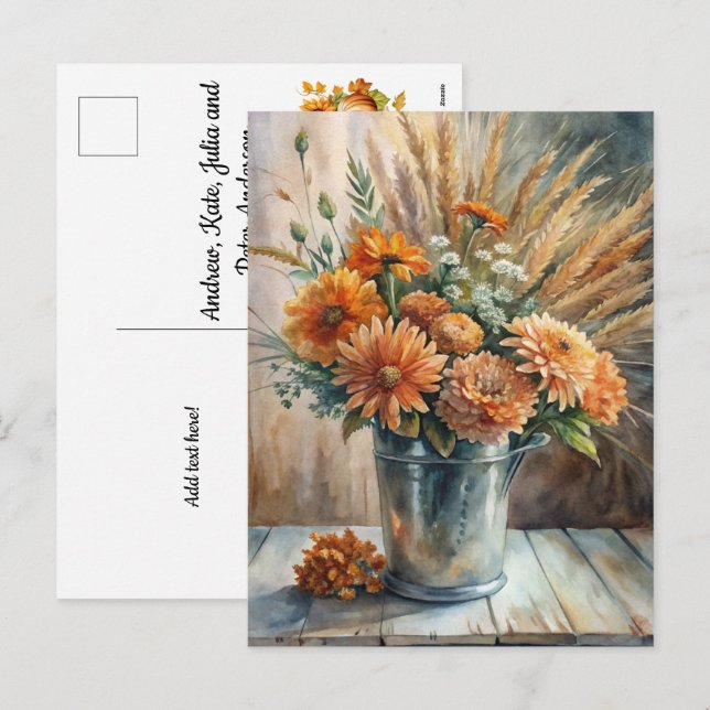 Bucket with Flowers Welcome Fall Holiday Postcard (Front/Back)