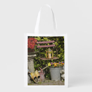 Buckets, shoes, and flowers, Zaanse Schans, Reusable Grocery Bag